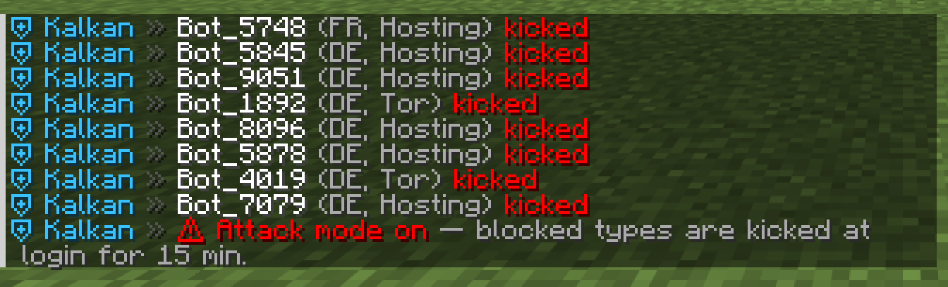 Chat during a bot flood: Kalkan lines for Bot_ names from France, Germany and Sweden on hosting, VPN and Tor, each kicked, then Attack mode on: blocked types are kicked at login for 15 min
