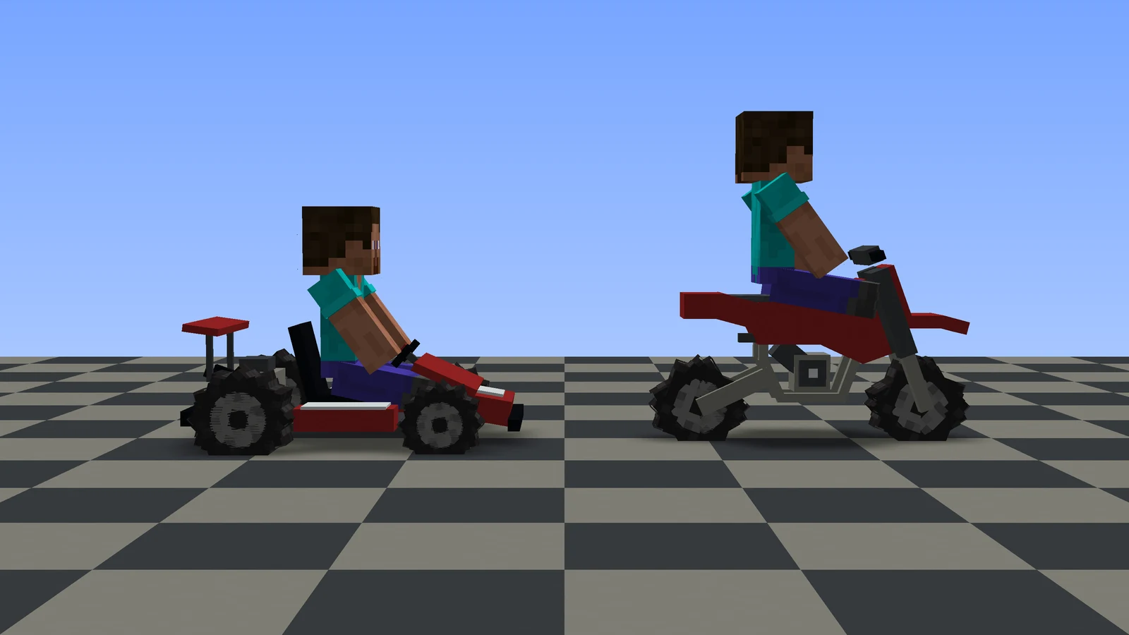 A go-kart and a motocross bike side by side at the same scale
