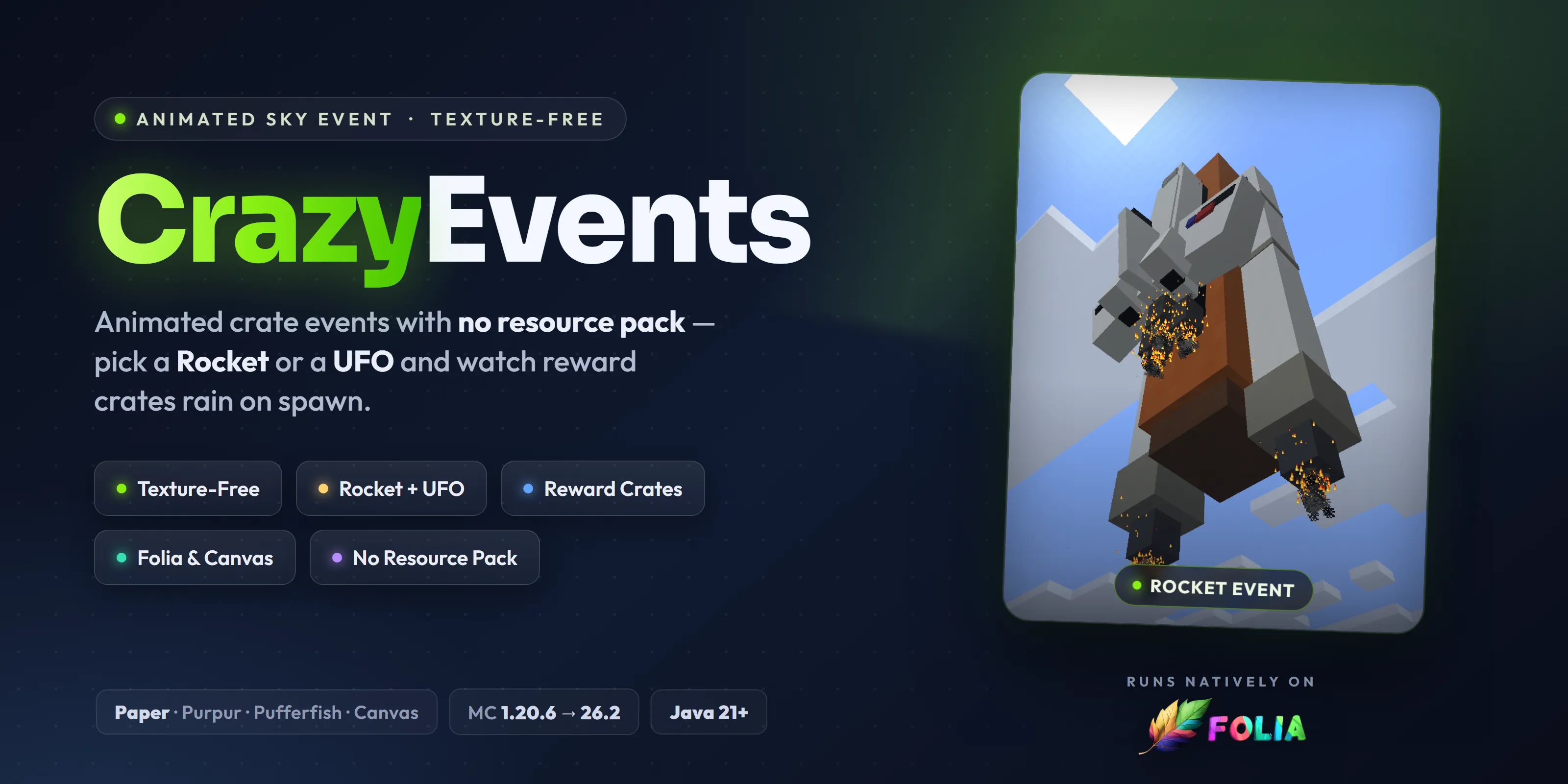 CrazyEvents — Animated, texture-free sky events — a rocket, a UFO or a Godzilla-vs-Steve duel that rains reward crates on spawn.