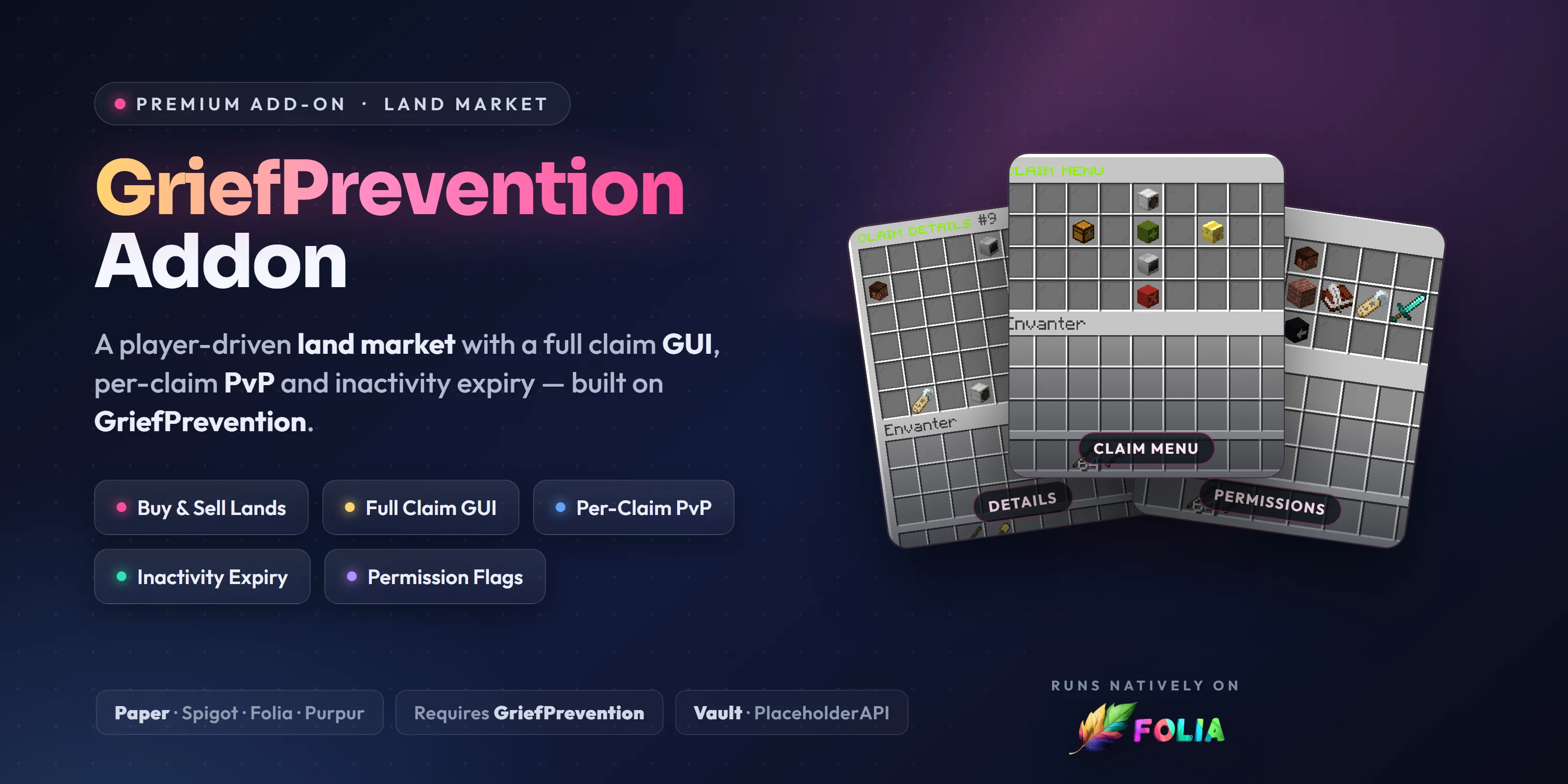 GriefPrevention Premium Addon — Claim market, GUI, per-claim PvP and permissions — zero core changes to GriefPrevention3D.
