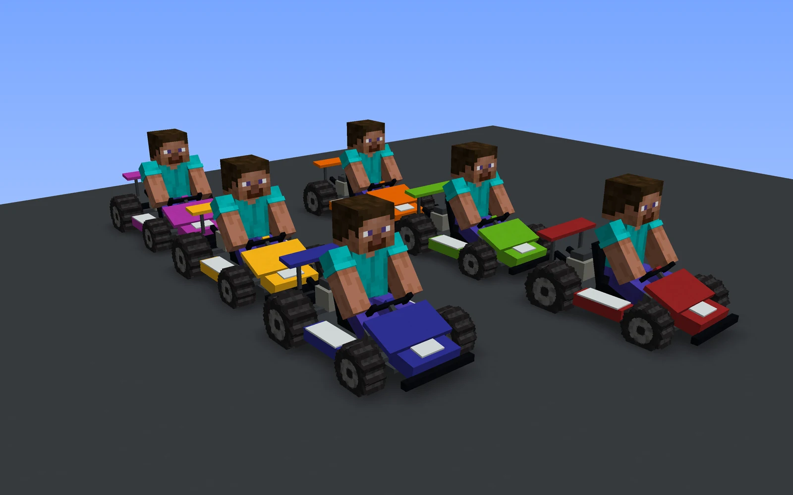 Six go-karts in six colours on a starting grid