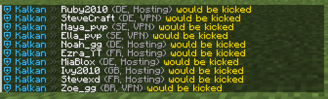 Chat lines from Kalkan: several players from Germany, Sweden, France and Brazil on hosting and VPN connections, each marked would be kicked