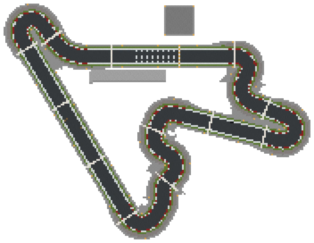 A whole TEKNIK kart circuit seen from above, with hairpins, an S-bend and the main straight