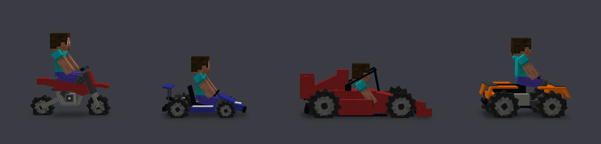 The motocross bike, the go-kart, the F1 car and the ATV side by side with their drivers