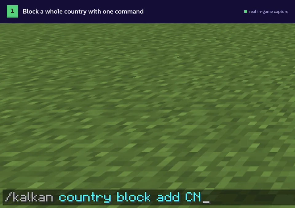 Typing /kalkan country block add CN, the reply in chat, then a player from China trying to join and being refused