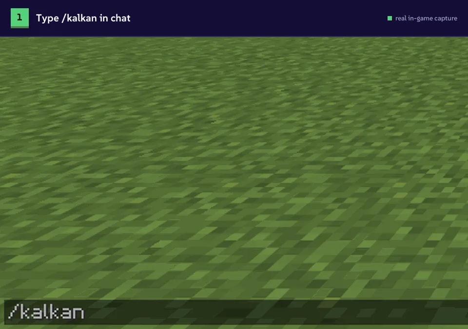 Typing /kalkan, the menu opening, hovering the Mode button, confirming block mode, then turning on attack mode