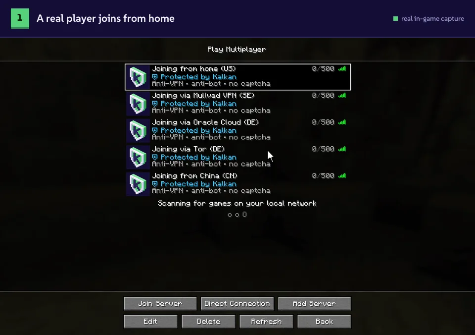 A player joins from home and goes straight into the lobby; the same player through Mullvad VPN, an Oracle Cloud server and Tor is refused with a clear message