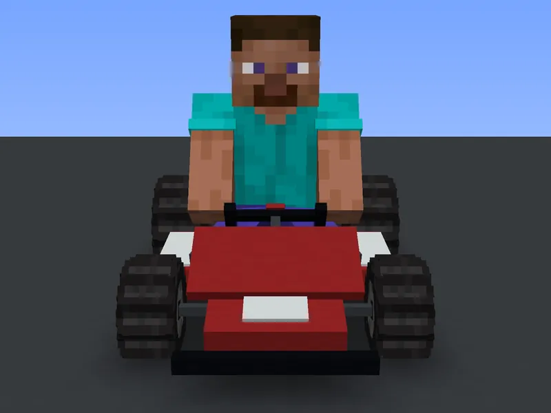 The go-kart turning on the spot, wheels rolling and steering left and right